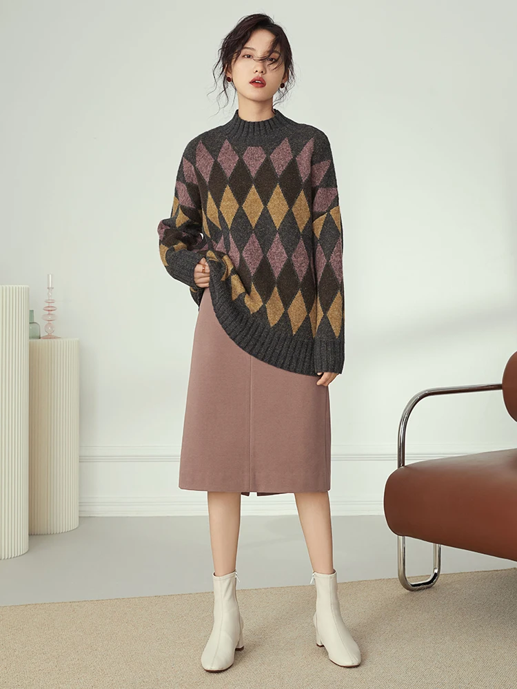 Женский трикотажный свитер в клетку с длинным рукавом | Женская одежда