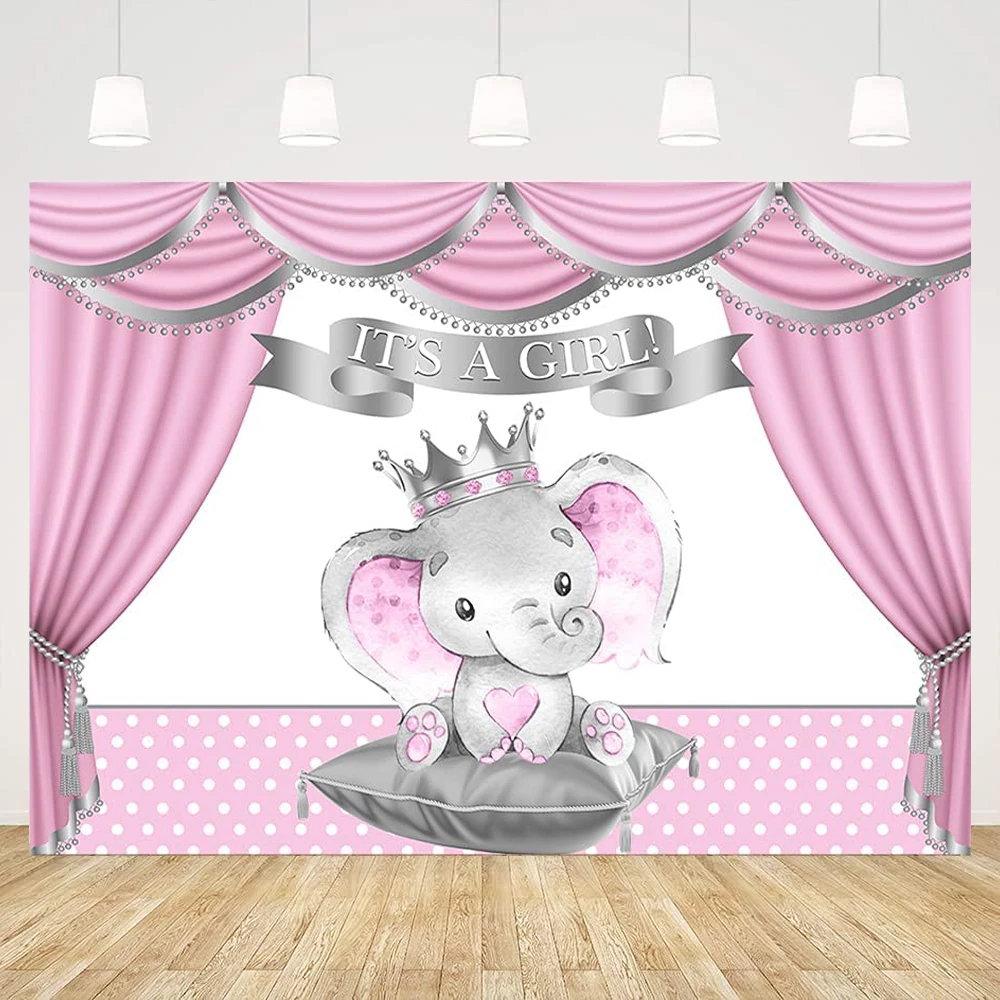 

Фон для фотосъемки с изображением слона для девочки, вечеринки в честь рождения ребенка, принцессы, серебристые, розовые занавески, баннер, ...