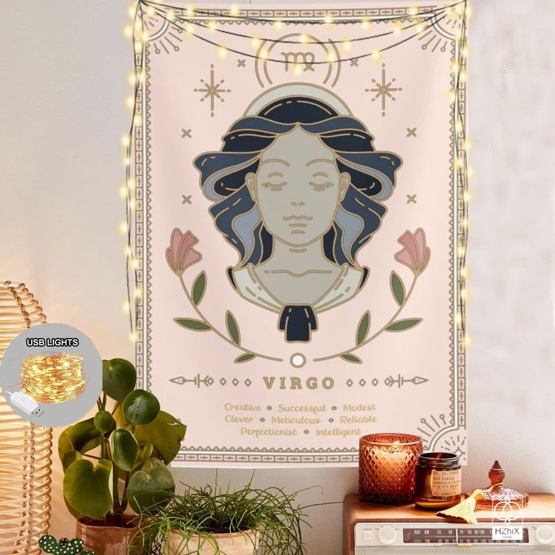 

Pink Moon Constellation Tapestry With Lights Witchcraft Style Tapestries Wall Suitable for Bedroom Living Room Decoration Decor
