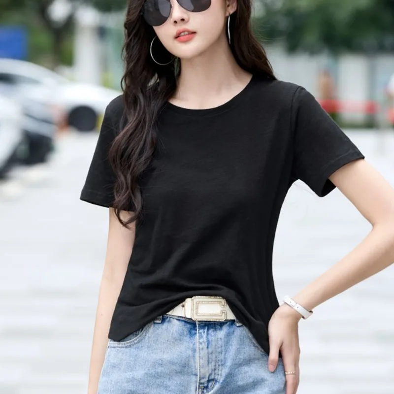 Летняя базовая хлопковая футболка для женщин 2025 года корейский стиль женская