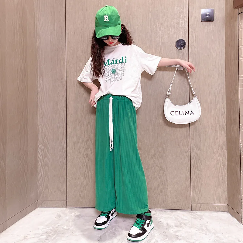 Корейская версия комплект для девочек летняя одежда хлопковая Футболка с