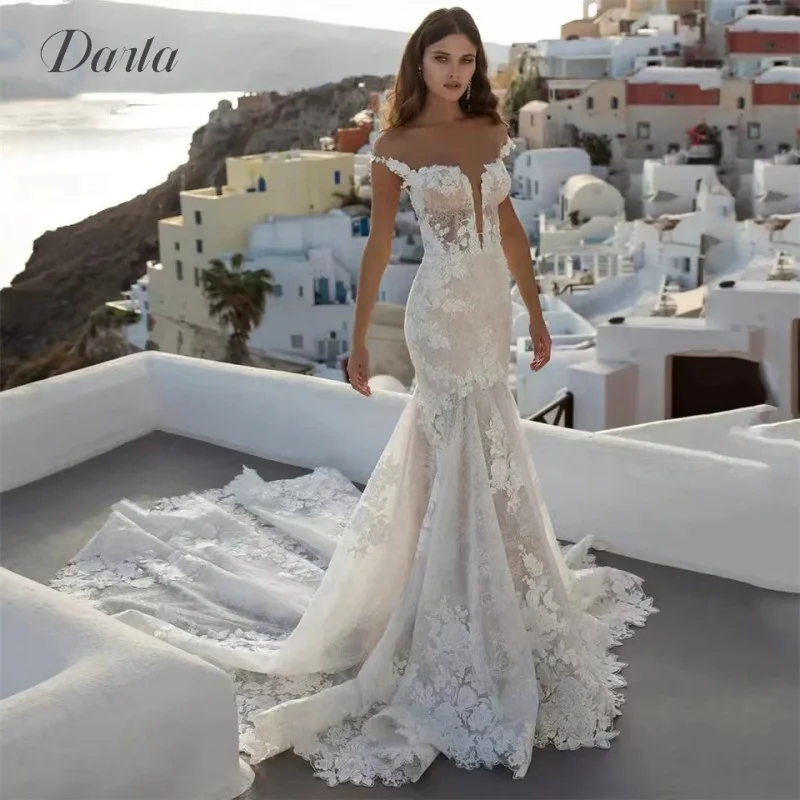 

Classic Lace Tulle Mermaid Wedding Dress V Neck Sleeveless 2023 Button Backless Bride Gowns Luxury Appliques Vestido De Novia