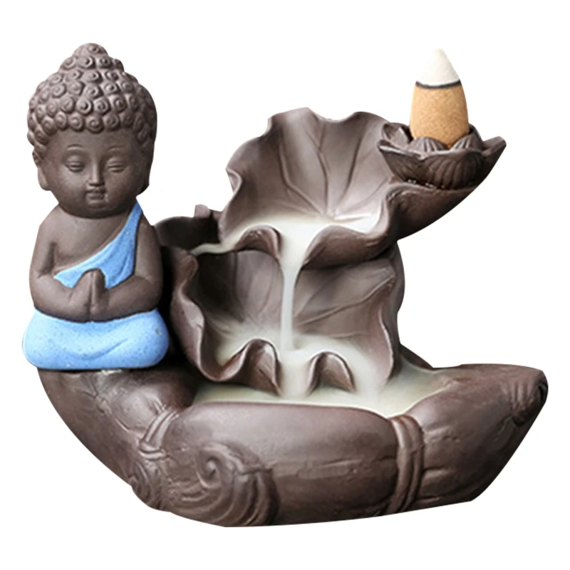 Backflow Incense Burner Purple Clay Buddha Monk Lotus Censer Carfts for Home Office Yoga Room Decoration Meditation Gift