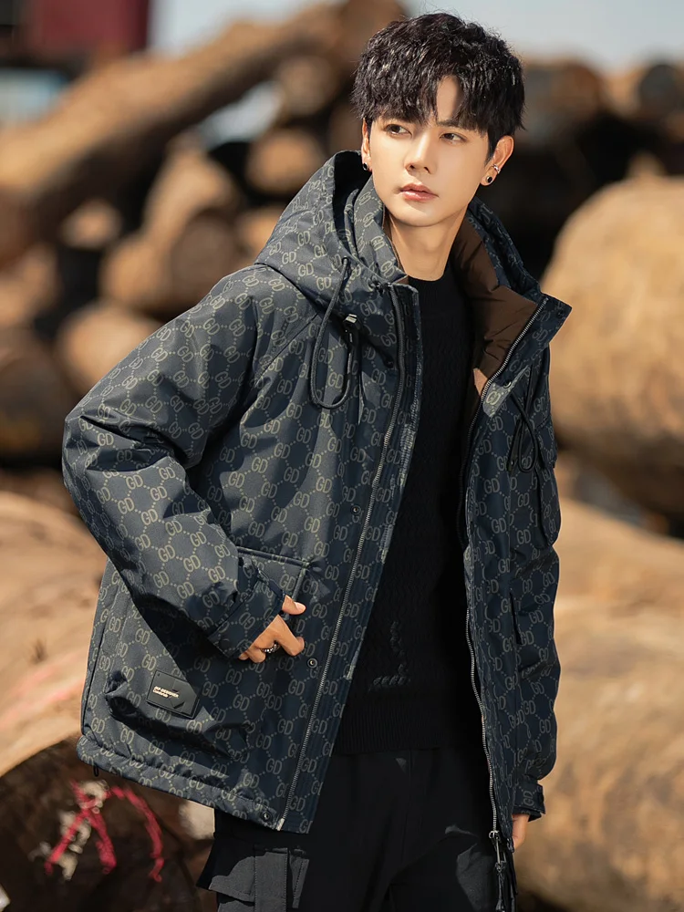 Мужская пуховая куртка с капюшоном и принтом новая зимняя утолщенная теплая