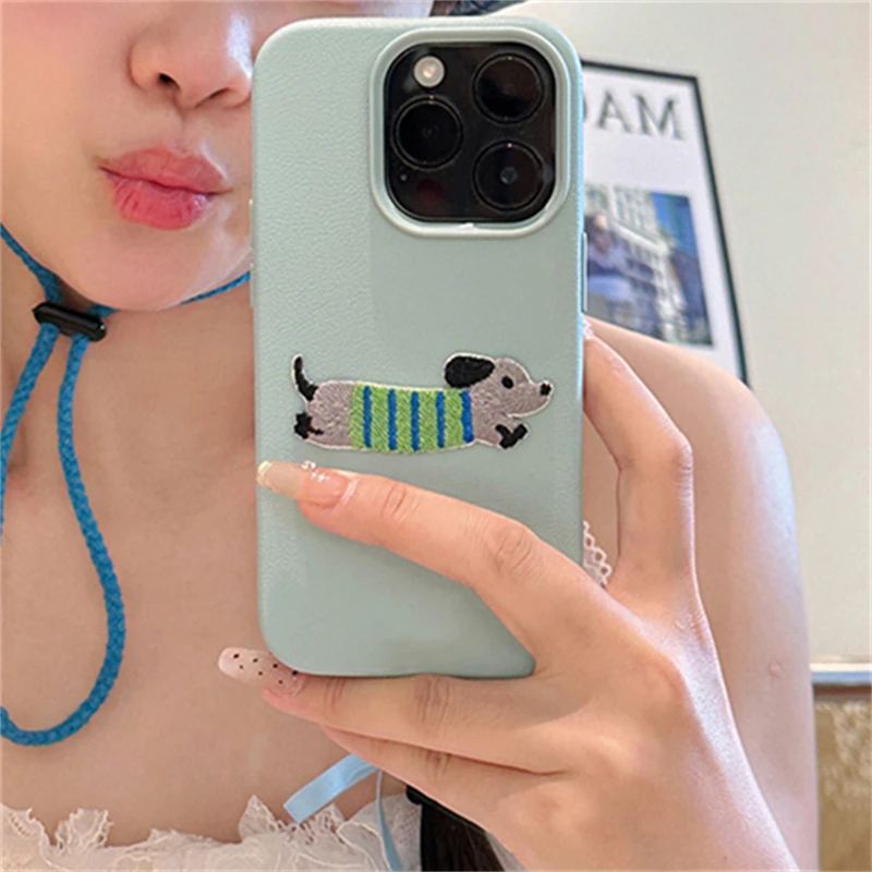 Корейский симпатичный мультяшный вышитый щенок кожаный чехол с рисунком для iPhone