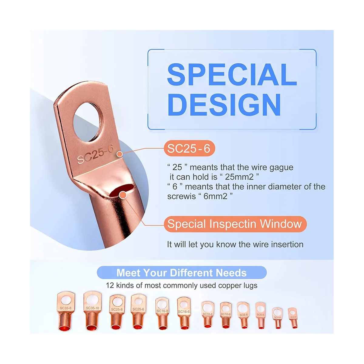 

240PcsCopper Wire Lugs Battery Terminals Battery Cable Ends,AWG 2 4 6 8 10/12 Gauge WireConnectors,for Marine Electrical