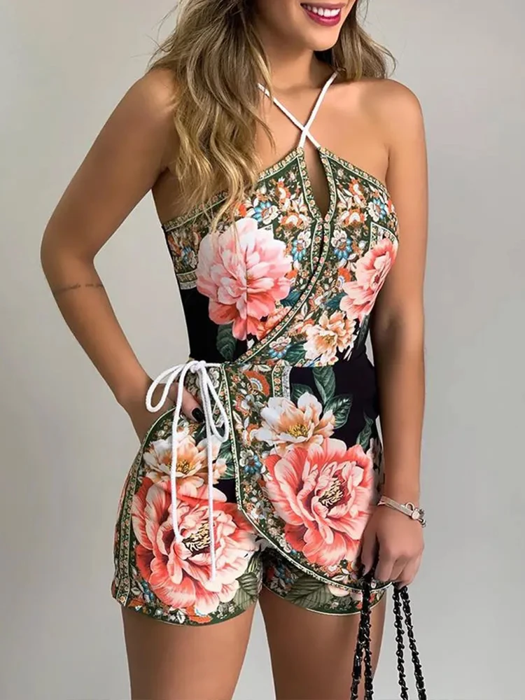 

Shein Romwe Female Romper 2022 Summer Halter Floral Print Cutout Tied Detail Romper Casual One Piece Outfit Women Frete Gratis
