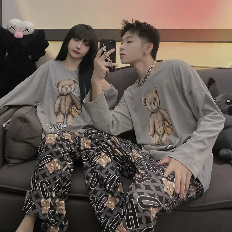 QWEEK Pajama Set Women Sleepwear Kawaii Bear Couples Pijamas Spring Autumn Nightwear Same Style for Men and Female Loose Pyjamas