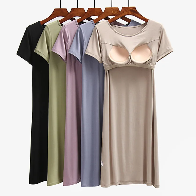 

Fdfklak Comfortable Modal Nightgowns Women Chest Padded Casual Nightwear Female Nightshirt Spring Summer Sleepwear Dress