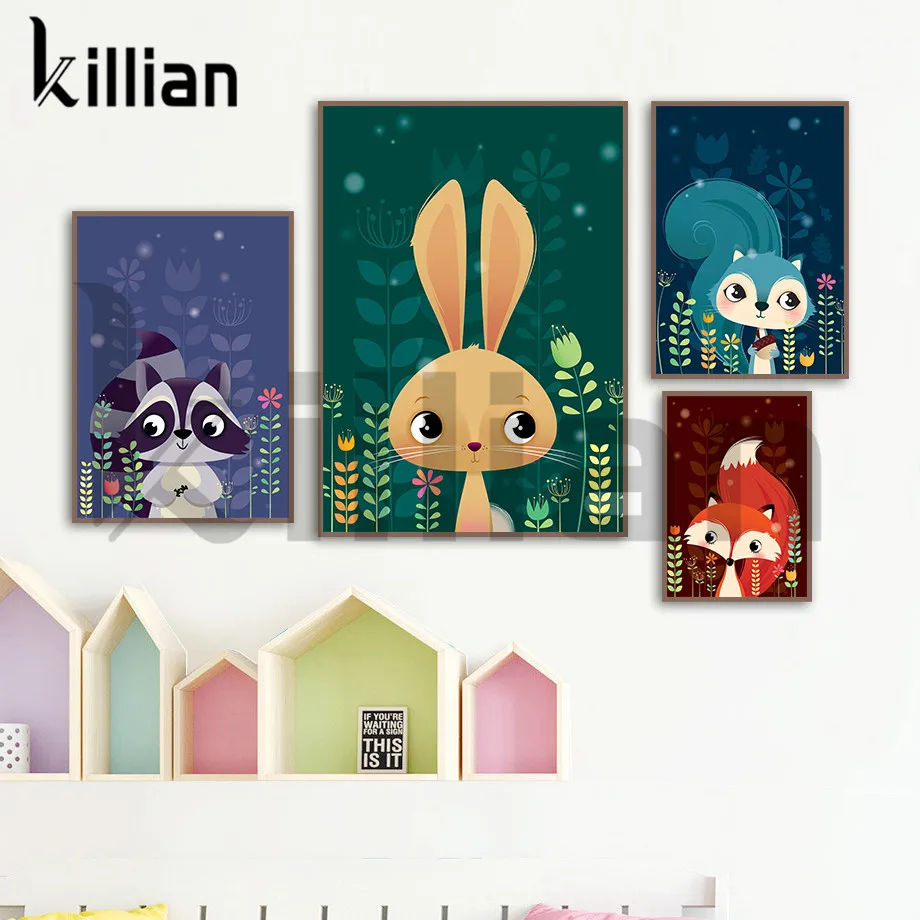 

Cute Cartoon Animals Canvas Painting Rabbit Fox Squirrel Raccoon Cartoon Posters and Prints Wall Art Pictures for Kid Room Decor