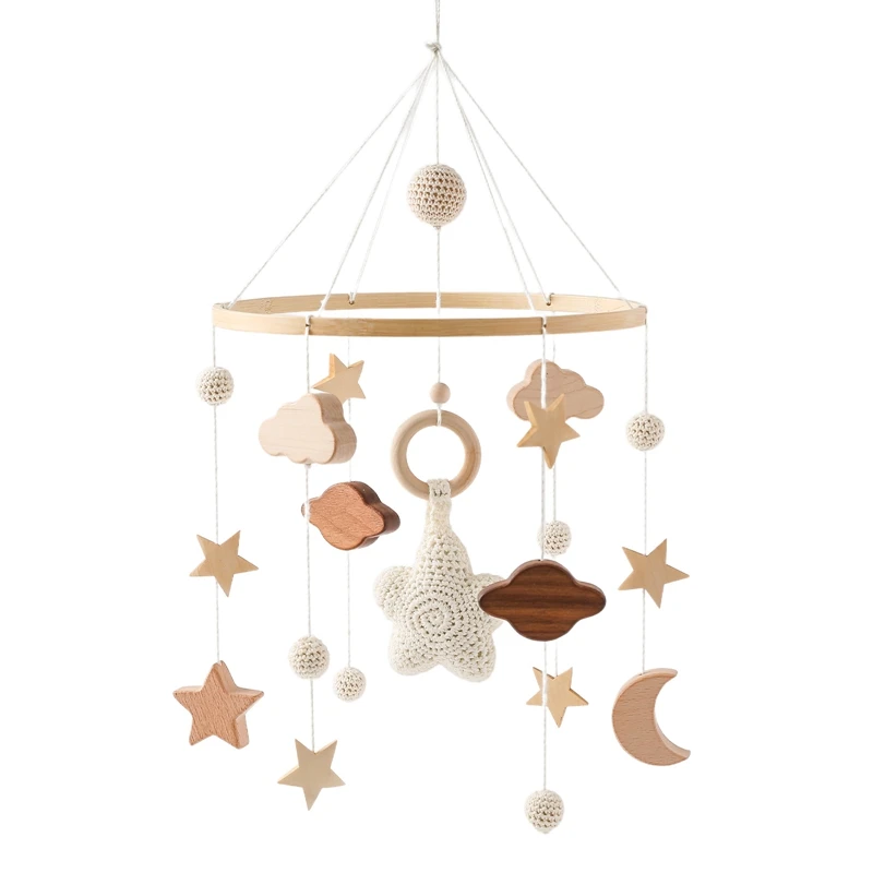 0-12 Months Baby Toys Wooden Rattles Rainbow Gypsophila Crib Hanging Bed Bell Wooden Wind Chime Nursery Decoration Accessories