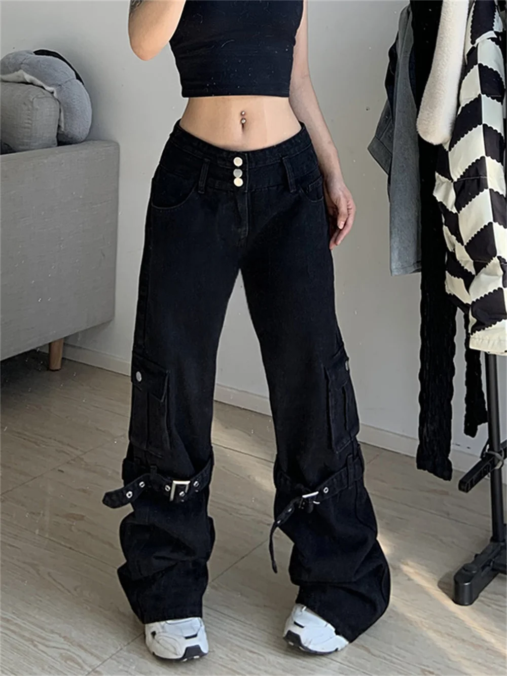 

Брюки-карго 2022, трендовые женские черные широкие Свободные повседневные мешковатые брюки оверсайз в стиле хип-хоп, уличная одежда, женские ...