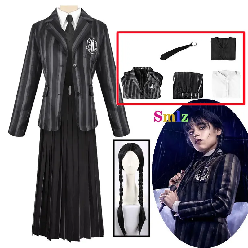 

Wednesday Cosplay Anime Addams Costumes Girl Wednesday Dress Suit Vest Skirts School Uniform Suit Wig Girl Halloween Party