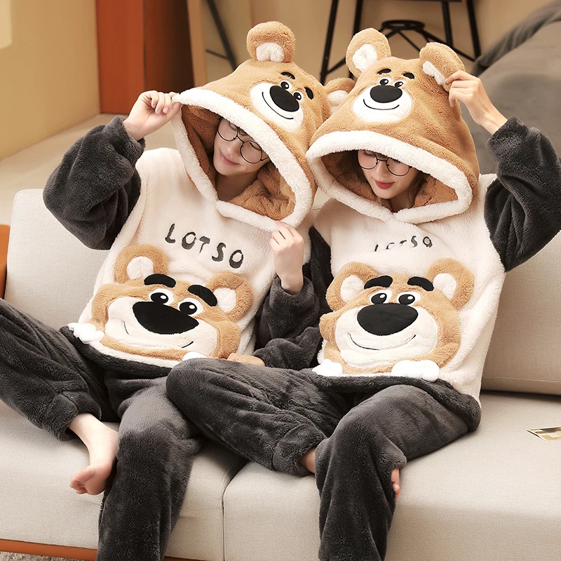 Winter Couple Pajamas Set Thicken Women Men Pajama Sleepwear Cartoon Bear Soft Warm Lovers Adult Homewear Hoodies Pyjamas Suit