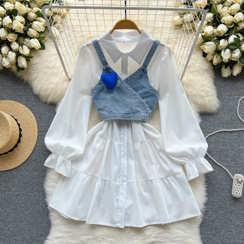 

High-quality temperament long-sleeved dress spring and autumn women's white shirt skirt denim small suspenders two-piece set
