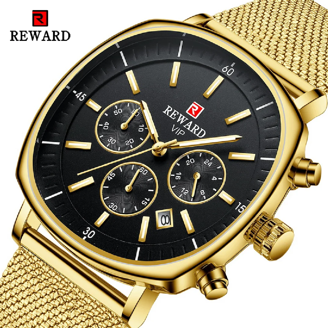 

REWARD Mens Watches Golden Stainless Steel Business Top Brand Waterproof Watch Men Quartz Chronograph Relogio Masculino+Box