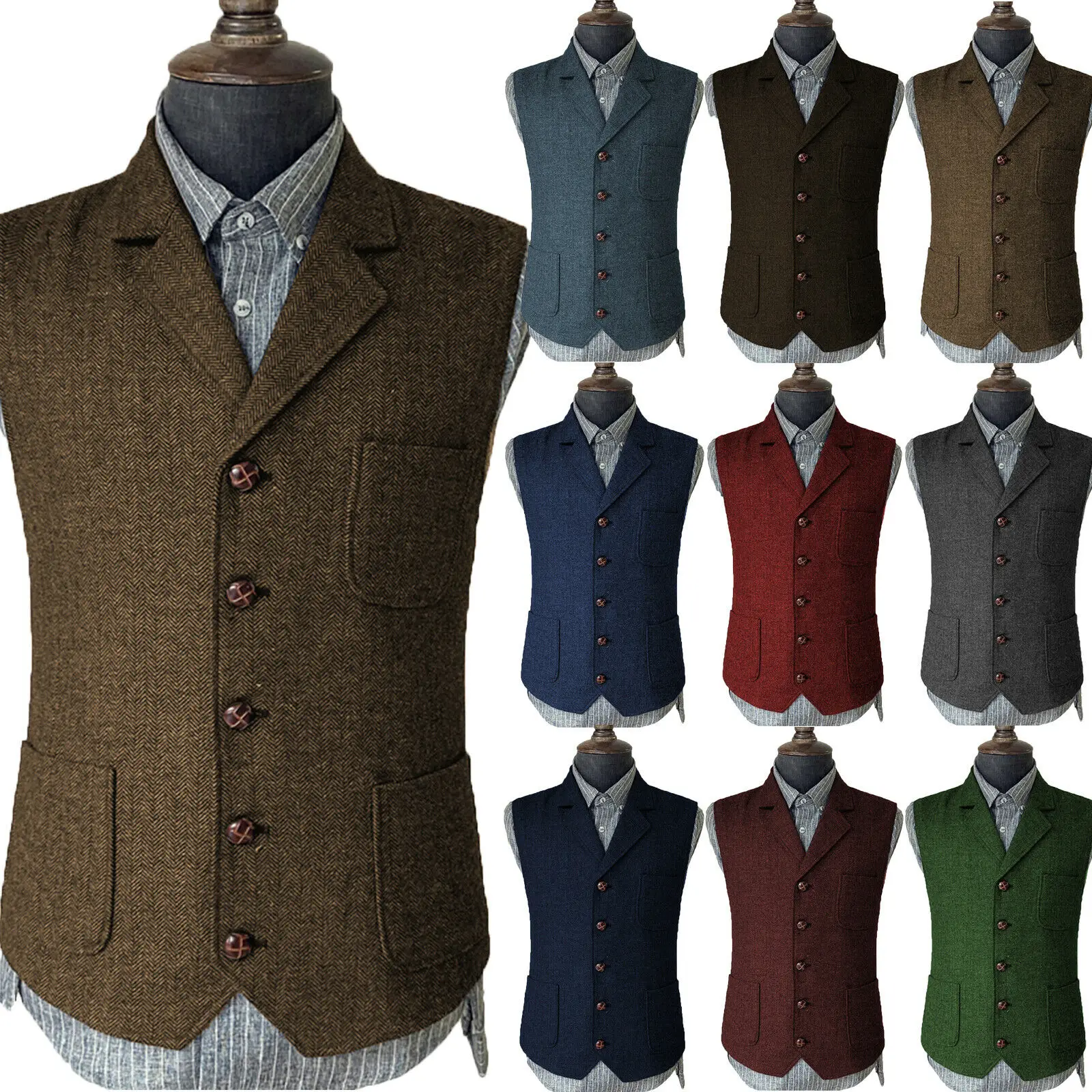 

Wedding Suit Vests Brown Herringbone Wedding Wool Tweed Tailored Collar 3 Pocket Vintage Steampunk Waistcoat chalecos 2022