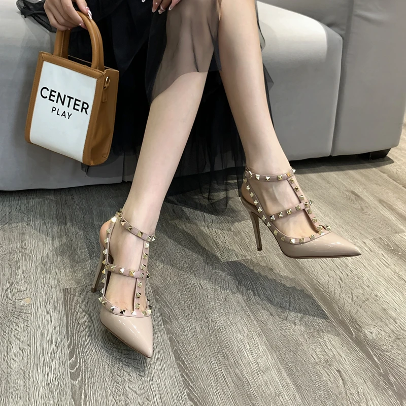 Fashion Brand Summer Genuine Leather Women 's Sandals Classic Rivet Pointed High Heels Sexy Luxury Pumps  Wedding Party Shoes