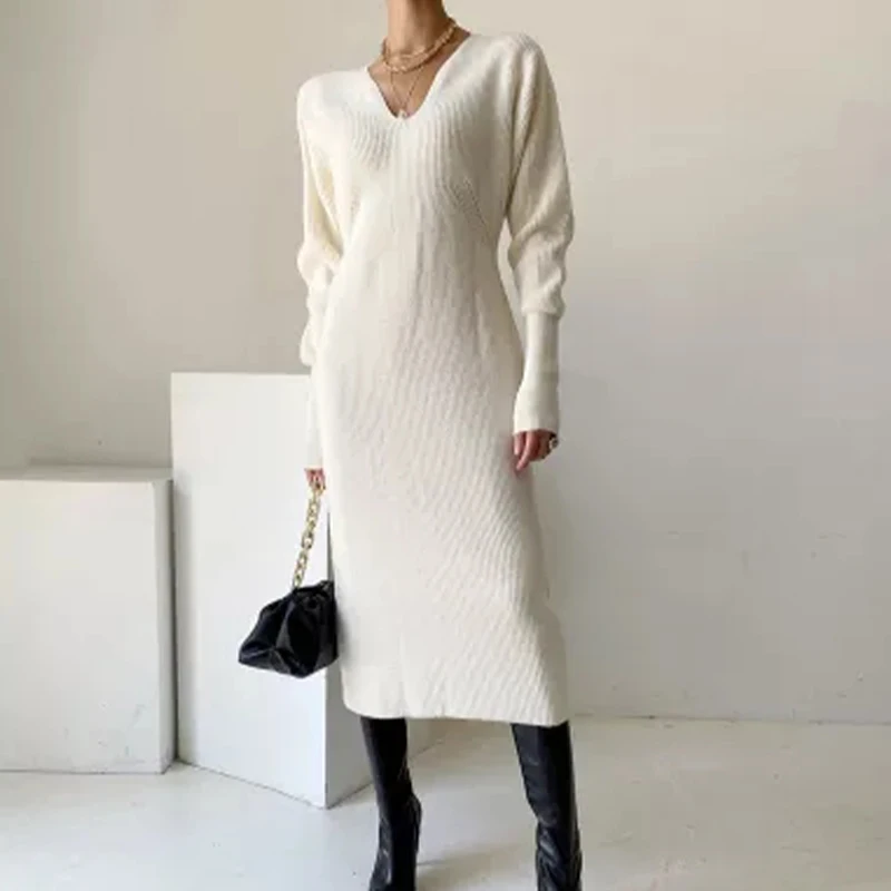 

Fashion V-Neck Pullover Knit Dress Slim Temperament High Waist Women Hip Dress Casual Long-Sleeved Top Women's Clothing Winter