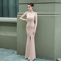 mermaid evening dresses long luxury 2022 celebrity sexy backless front split button pleat apricot women party gowns for wedding