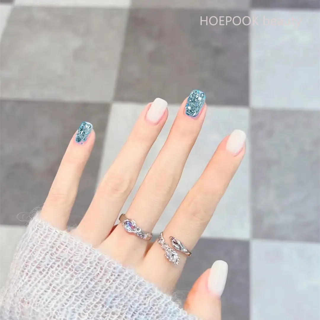 

24pcs White Blue Glitter Wearing Reusable False Nails Art Seamless Removable Full Cover Artificial Fake Nails Press On Nails Set