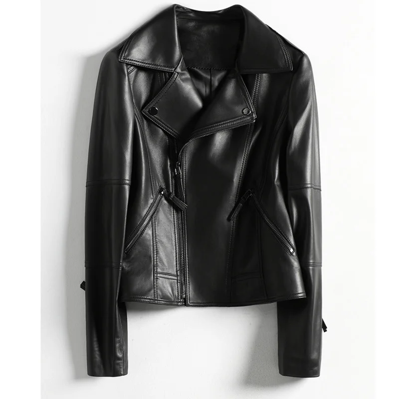 

Женская короткая байкерская куртка из натуральной кожи, мотоциклетное пальто из натуральной овечьей шкуры в Корейском стиле, сезон весна-о...