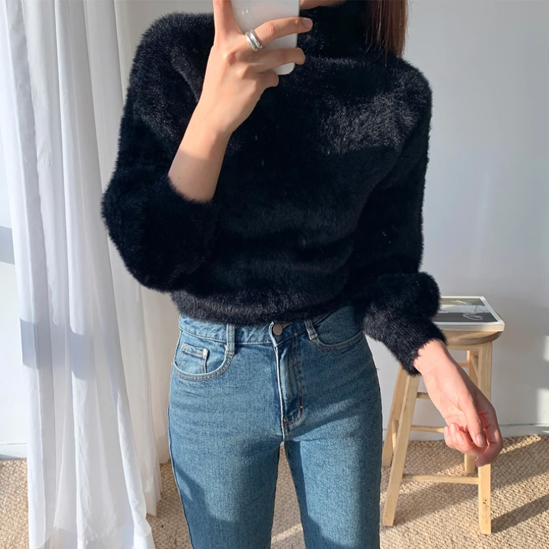 

Pullover Women Short Sweater Fashion Hairy Lantern Sleeve Autumn Female Jumper Knit Casual Korean Style Ladies Black Tops