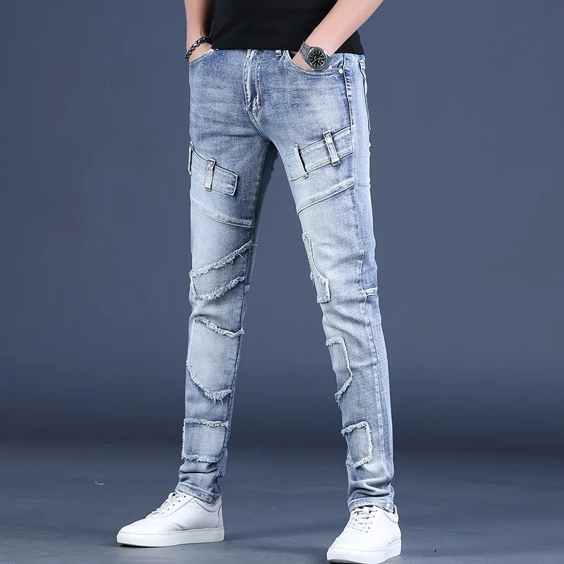 Jeans Men 2023 Summer Fashion Light Blue Slim Fit Pencil Pants Streetwear Casual Cotton Patchwork Patches Denim Trousers