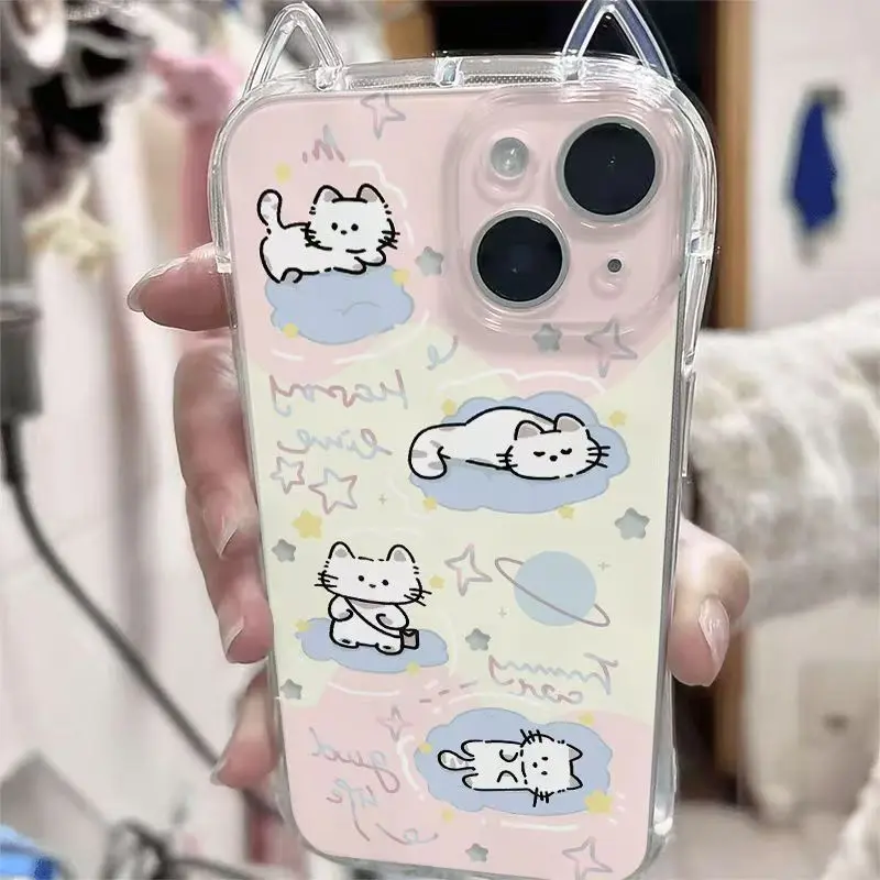 Фото Прозрачный чехол для iPhone 17 16 15 14 13 Pro Max Mini с милым мультяшным принтом кошки, с кошачьими ушками, противоударный, пылезащитный, защитный чехол №2
