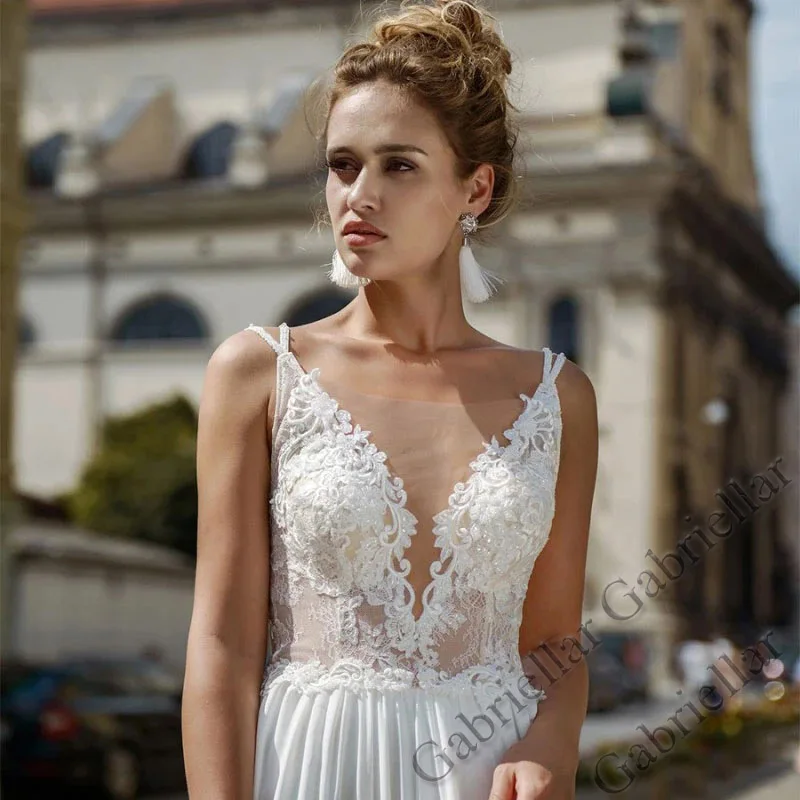 

Gabriellar Slit Wedding Dress Spaghetti Strap Princess Exquisite Appliques Sleeveless Mopping Gown Vestido De Novia 2022 Women