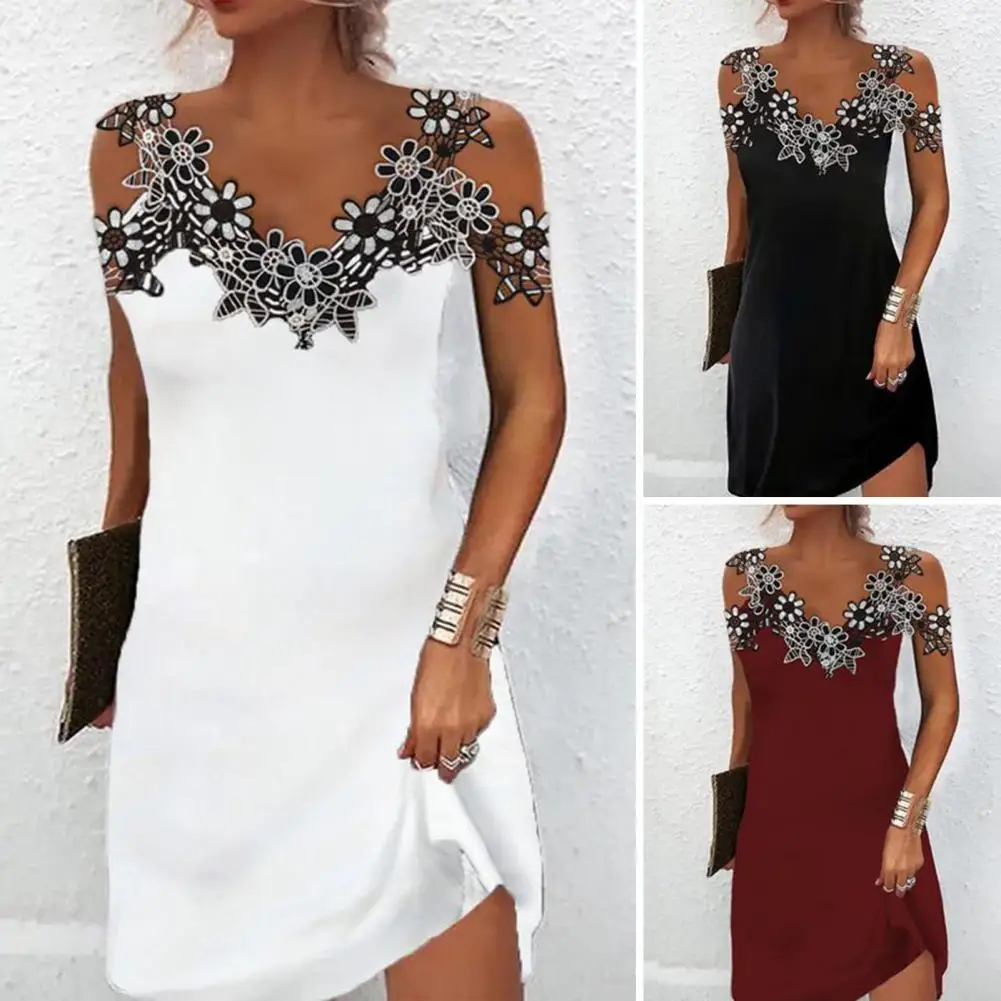 

Women Dress Summer Lace Stitching Sling Mini Dress V-neck Cold Shoulder Sleeveless Slim Fit Short Dress Streetwear