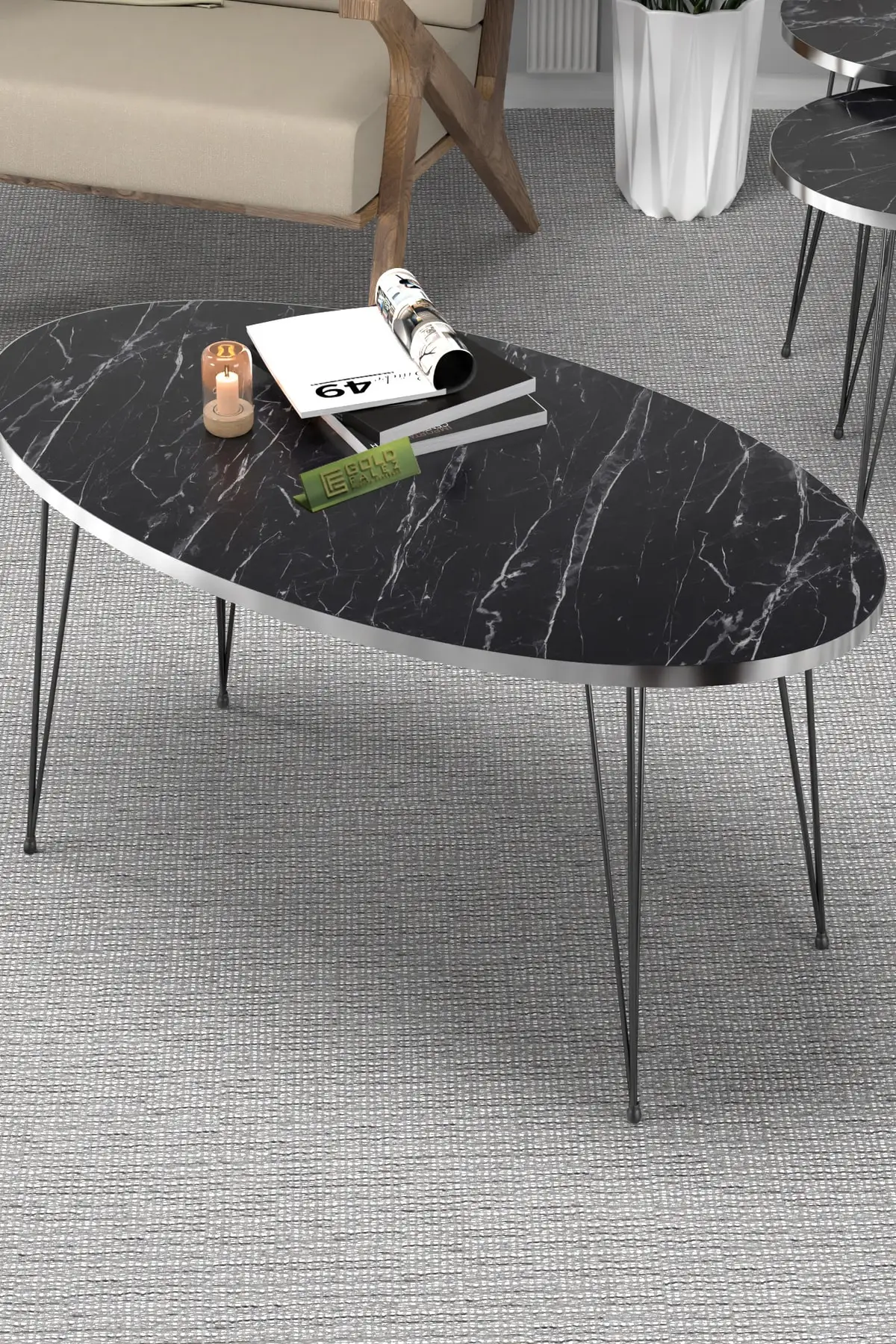 

Modern Wooden Coffee Table Ellipse Silver Color Living Room Coffee Tea Serving Table Black Wire Leg Furniture Home Decor