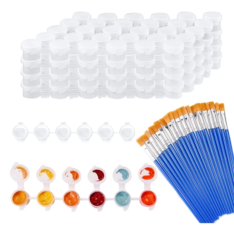 

PPYY-20 Strips 120 Pots Empty Paint Strips and 50 Pieces Paint Brushes,Paint Cup Clear Plastic Storage Containers,3Ml/0.17Oz