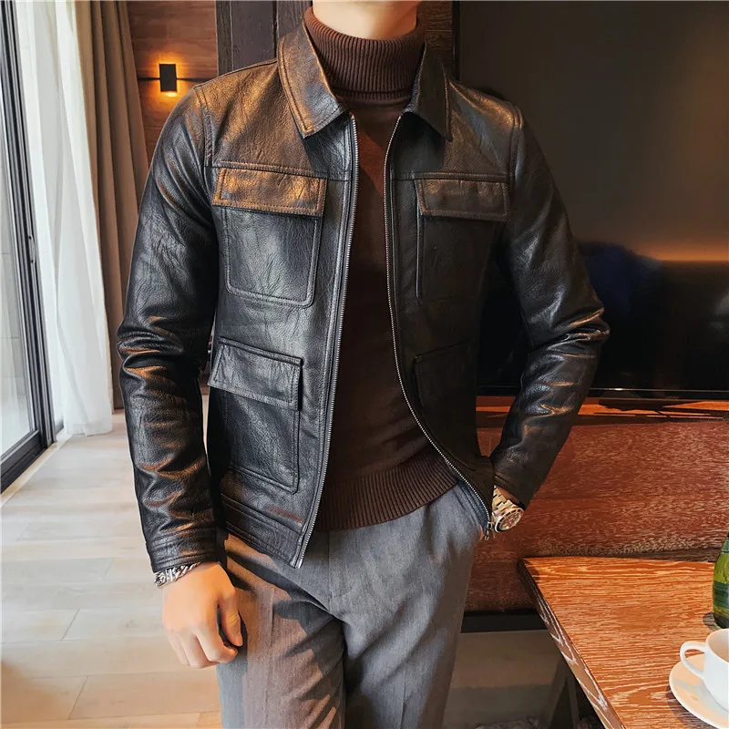 

Fashion 2022 Korean Slim Fit Turn Down Collar Multi Pockets PU Leather Jackets Men Clothing Streetwear Long Sleeve Casual Coats