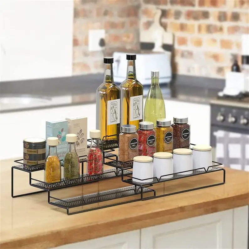 Расширяемая Полка для специй шкафов 3 ярусная Лестница Органайзер черный |