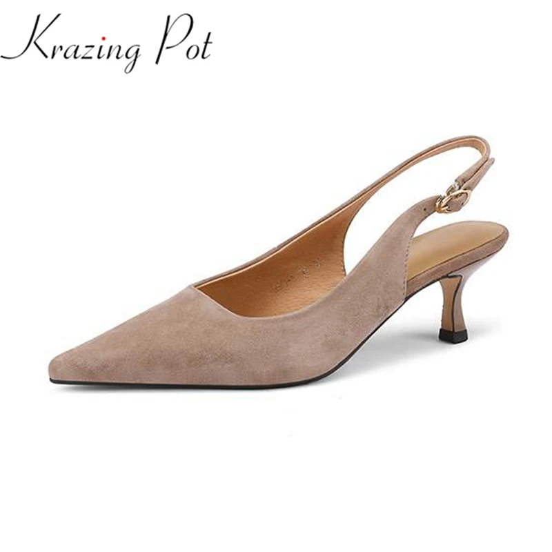 

Krazing Pot kid suede basic design big size 42 Khaki shallow thin high heels pointed toe summer buckle straps slingback pumps