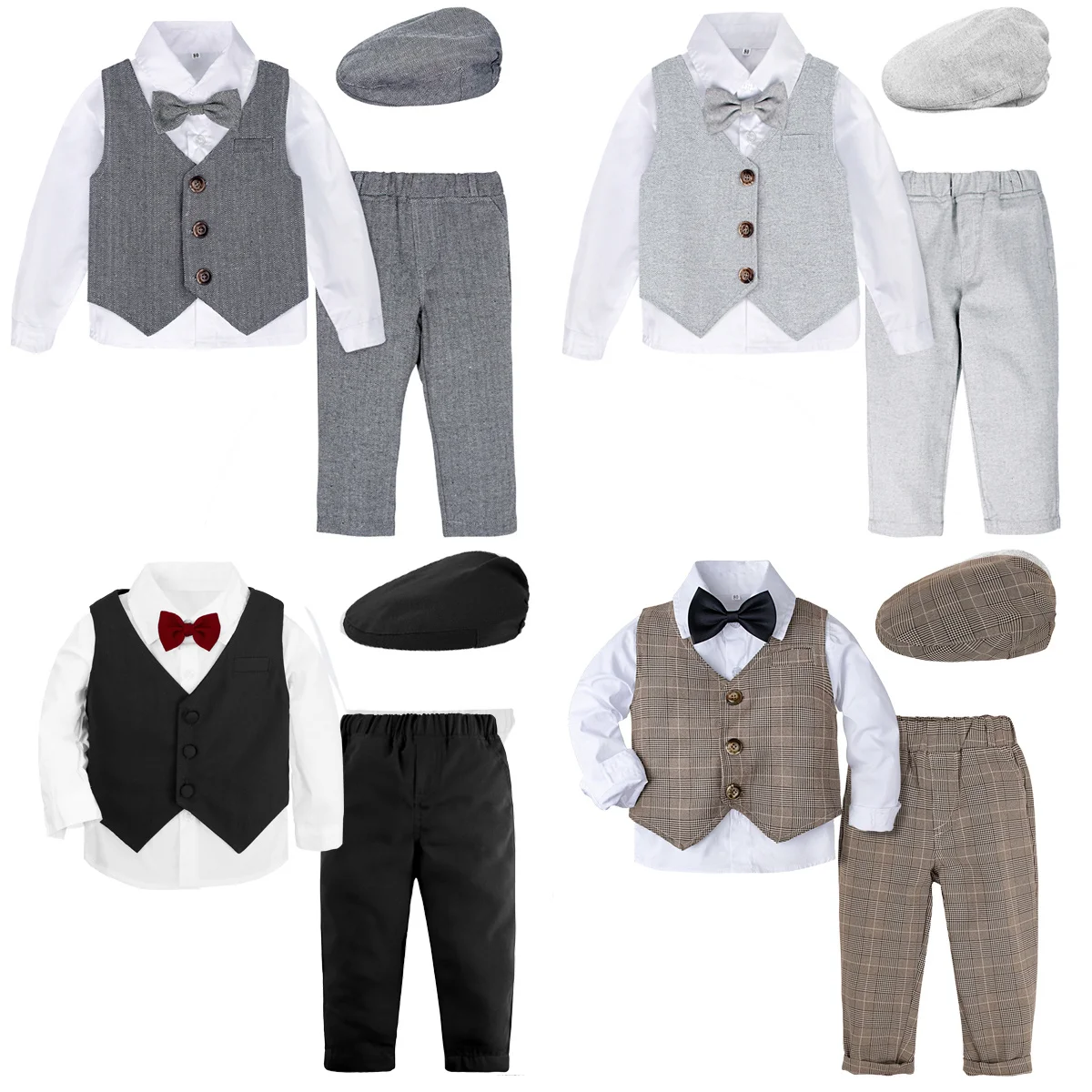 

Baby Boy Clothing Set Toddler Wedding Party Outfit Infant Formal Suit Long Sleeve Shirt Pants Bow Tie Hat Waistcoat
