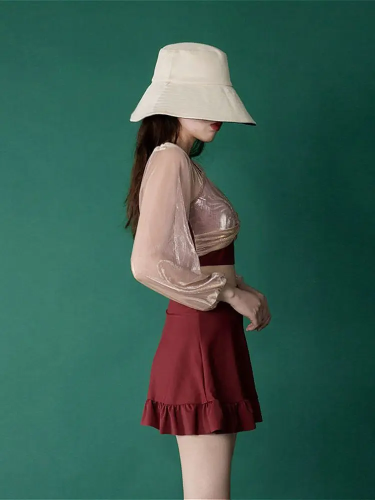 

Two Piece Women's Split Sexy Bikini Long-sleeved Sunscreen Korean Version Skirt-style Swimsuit Female Hot Swimwear Bathing Suit