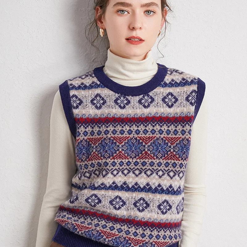 Женский жаккардовый жилет с круглым вырезом Свободная трикотажная жилетка без