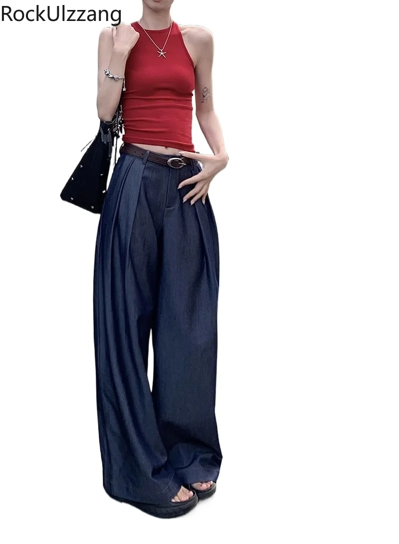 

Летние тонкие плиссированные джинсы, модные женские джинсовые брюки в пол, Длинные прямые мешковатые широкие брюки y2k с высокой талией, Корейская одежда