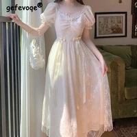 korean elegant puff sleeves lace princess dress women vintage lace up bow party fairy wedding midi dresses for women 2022 summer