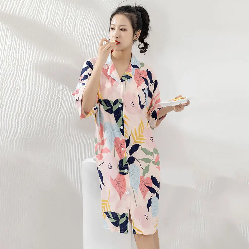 

Print Floral Women Sleepshirts Sexy Notched Polyester Nightgown Summer One Size Nightdress Casual Loose Knee-Length Home Dress