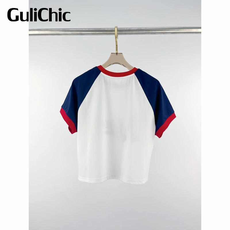 

5.18 GuliChic Women 100% Cotton Tee Casual Fashion Contrast Color Letter Print Short T-Shirt