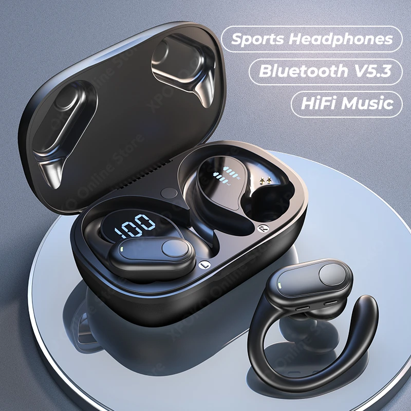 Беспроводные наушники Bluetooth 5.3 для ушей с микрофоном, LED-дисплеем и крючками для спорта, водонепроницаемые.