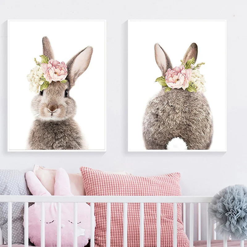

Nordic Pink Rabbit Tail Rabbit Posters And Prints Kid Baby Girl Room Cartoon Flower Canvas Painting Home Decor Wall Art Pictures