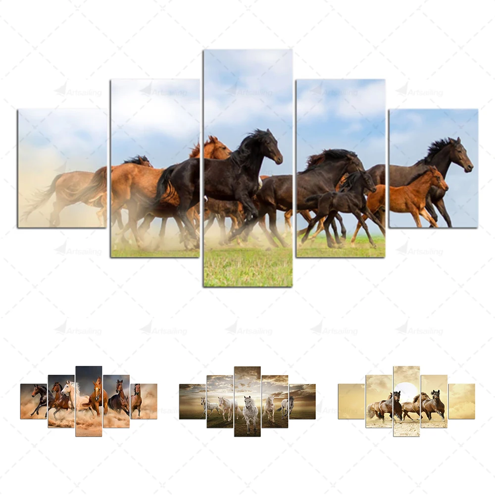 

5 Panels Modern Canvas Painting Horses Posters Print Wall Art Picture for Living Room Bedroom Decorative Home Decor
