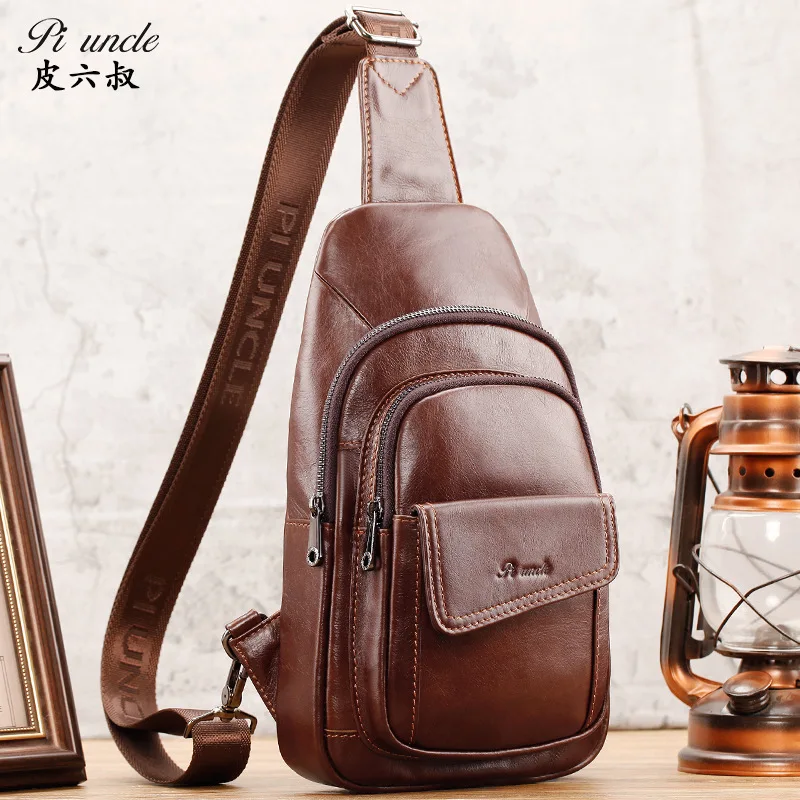 Men's Leather Chest Bag Casual One-shoulder Crossbody Bag Multifunctional Chest Diagonal Backpack Large Capacity Retro