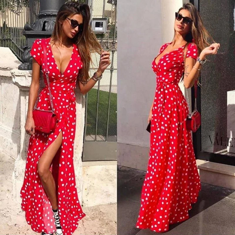 

Women Bohemian Dots Printed Party Dress Short Sleeve V Neck Casual Dress 2022 Summer Fashion Split Women Long Dress