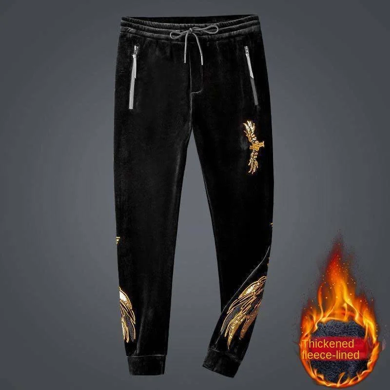 Men's Winter Fleece-lined Thickened Gold Velvet Casual Sports Suit Fashion Brand Printed Two-piece Set