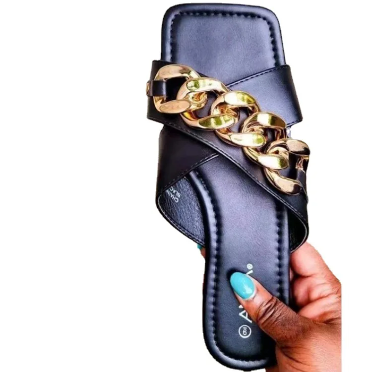 Women Open Toe Big Chain Slippers Candy Colors Buckle Square Toe Flat Casual Slide Ladies Summer Beach Flip Flops large size 43